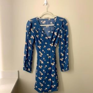 Blue Floral Wrap-Around Tie Dress
